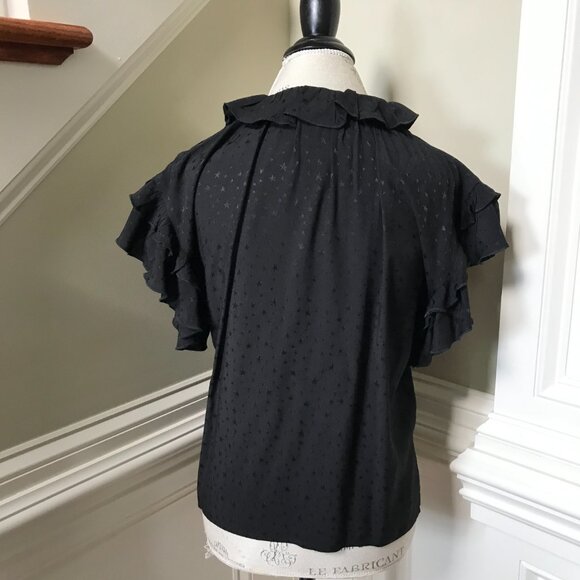 KOCH Popover Ruffle Blouse Top Shirt Womens XS Black Short Sleeve Button Front - Picture 10 of 11
